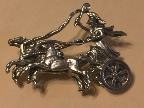 Vintage Chariot Charioteer Silvertone Brooch Pin Very Detailed Brushed Finish