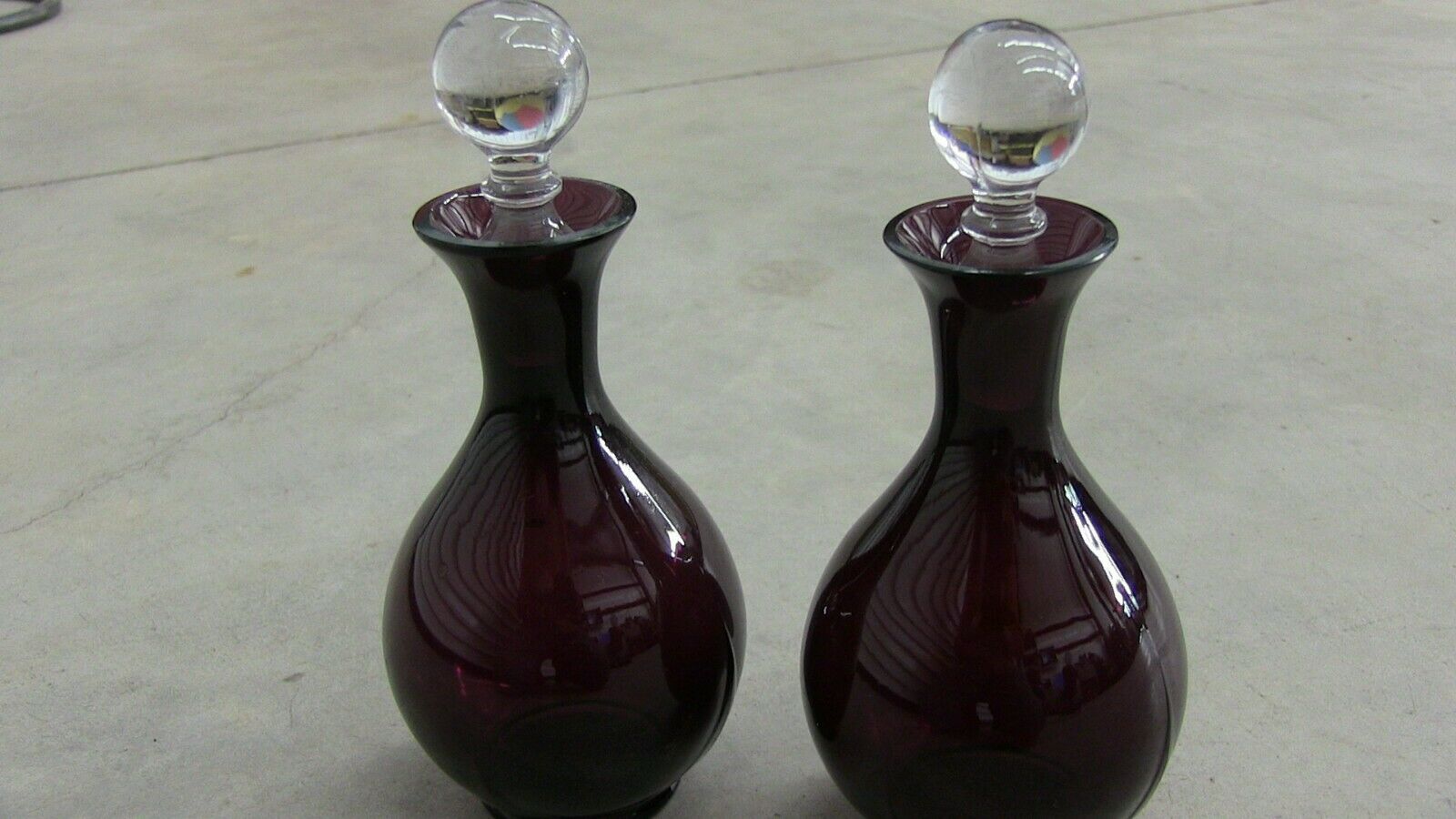 2 Vintage Amethyst Bottles W/ Crystal Stoppers 6.5" Tall X 3.5" Dia.