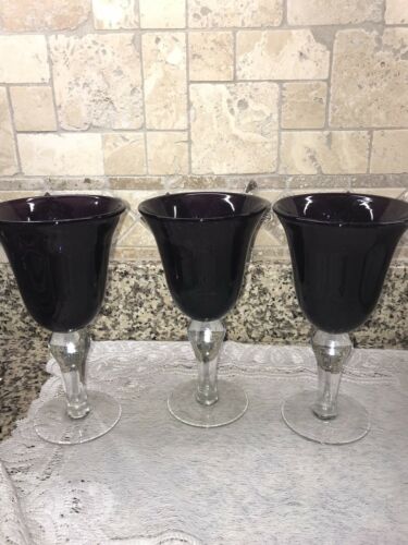 Handblown Bubble Glass  8” Plum /purple Water/amethyst  Goblets Lot Of 3