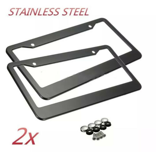 2pcs Black Metal License Plate Frame Tag Cover Screw Caps Stainless Steel New
