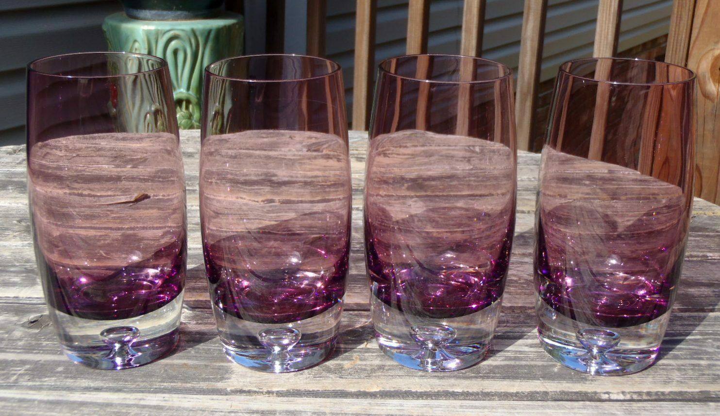 Nice Set Of 4 Amethyst Glass 6.75 Flat Iced Tea Tumblers Glasses Air Bubble Base