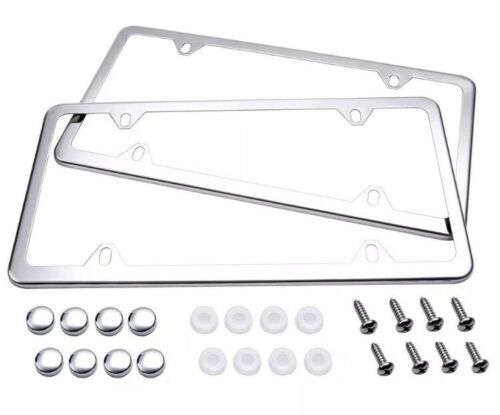 2pcs Slim Chrome Stainless Steel License Plate Frame Screw Cap /slim 4 Hole Cf-2