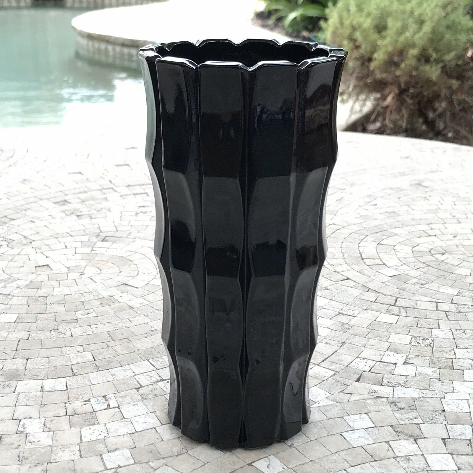Vintage Tiara Black Amethyst Glass Vase Mcm Bamboo Design