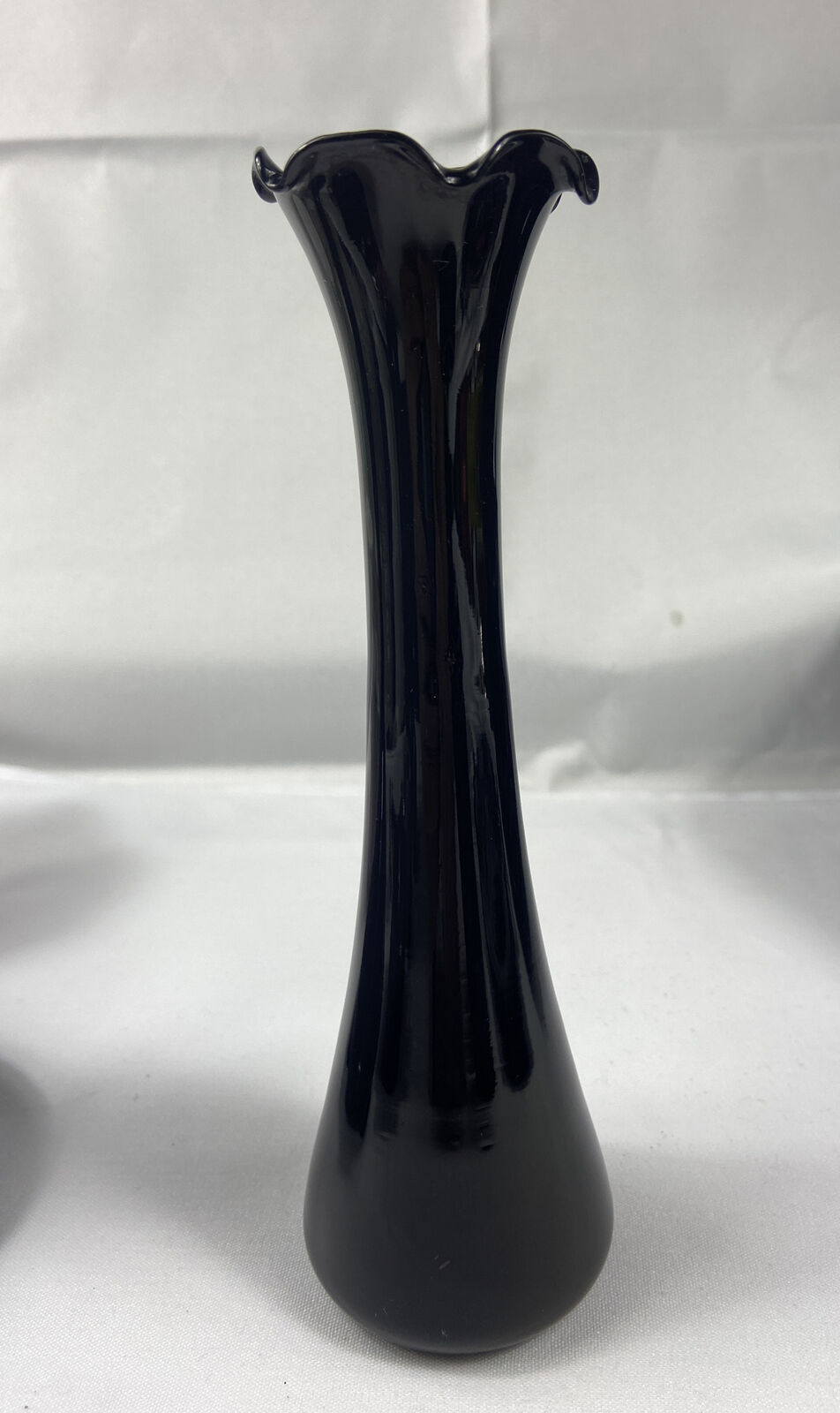 Vintage Black Amethyst Glass Bud Vase Ruffled Top 8"